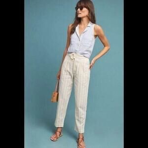 Anthropologie Oasis White Pink Striped High Rise Linen Pants EUR 32 US 0